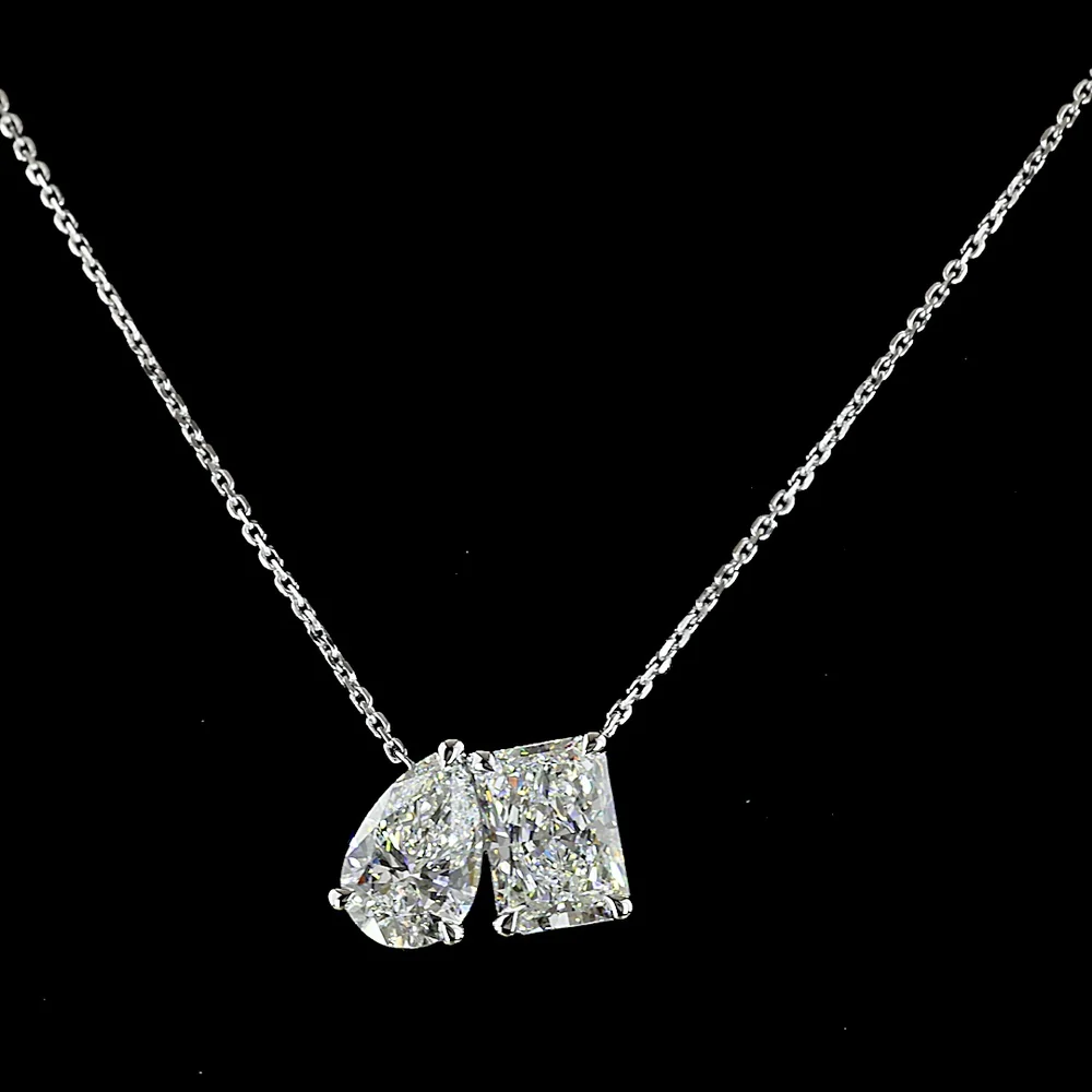 14K White Gold Toi et Moi Pendant with Radiant and Pear Shaped Lab-Grown Diamonds - 3.54 Carat Total Weight, D VVS2 Clarity, IGI Certified - Covaloro Fine Jewelry