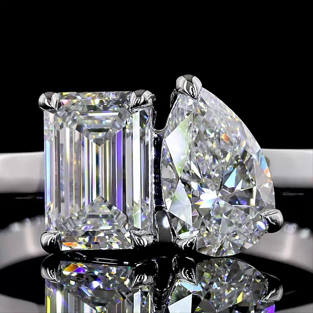 14K White Gold Toi et Moi Ring with 0.99 Carat Emerald Cut and 0.75 Carat Pear Shape Lab Grown Diamonds - 1.74 Total Carat Weight - Covaloro Fine Jewelry - Image 2