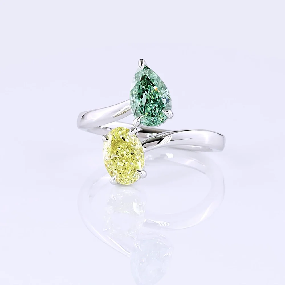 14K White Gold Toi et Moi Ring with 1.13 Carat Oval Fancy Intense Yellow Lab Diamond and 1.13 Carat Pear Fancy Vivid Green Lab Diamond - 2.26 Carat Total Weight - Covaloro Fine Jewelry