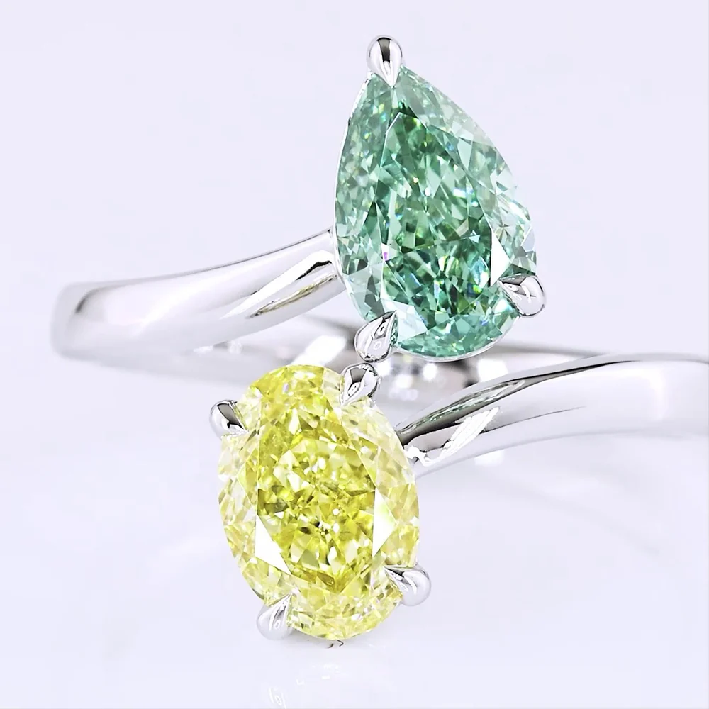 14K White Gold Toi et Moi Ring with 1.13 Carat Oval Fancy Intense Yellow Lab Diamond and 1.13 Carat Pear Fancy Vivid Green Lab Diamond - 2.26 Carat Total Weight - Covaloro Fine Jewelry - Image 2