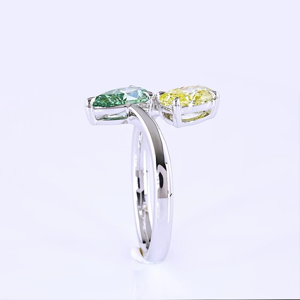 14K White Gold Toi et Moi Ring with 1.13 Carat Oval Fancy Intense Yellow Lab Diamond and 1.13 Carat Pear Fancy Vivid Green Lab Diamond - 2.26 Carat Total Weight - Covaloro Fine Jewelry - Image 3