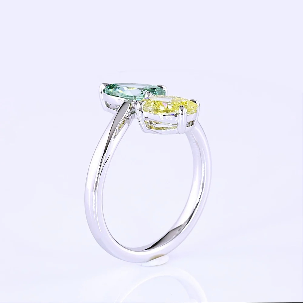 14K White Gold Toi et Moi Ring with 1.13 Carat Oval Fancy Intense Yellow Lab Diamond and 1.13 Carat Pear Fancy Vivid Green Lab Diamond - 2.26 Carat Total Weight - Covaloro Fine Jewelry - Image 4