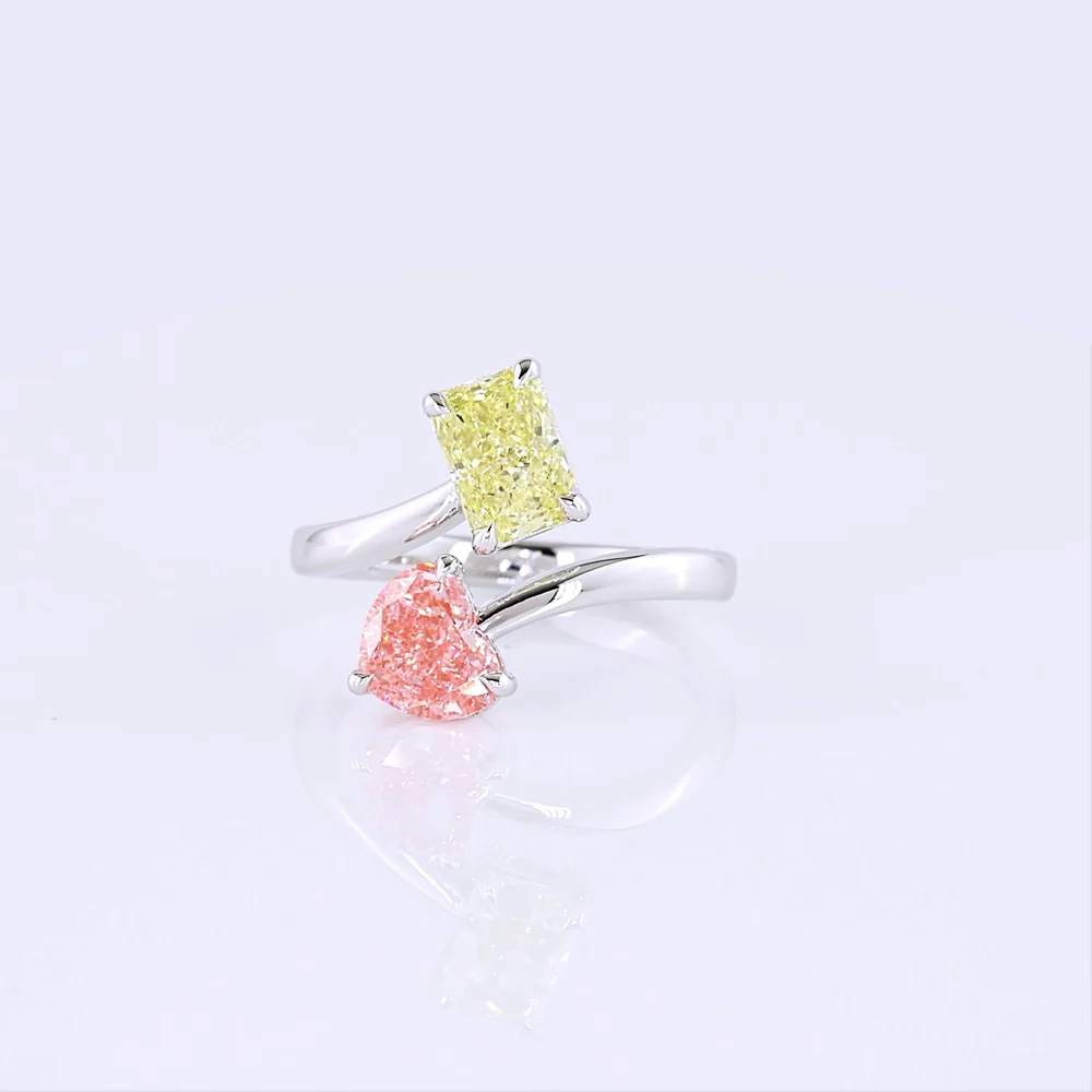 14K White Gold Toi et Moi Ring with 1.20 Carat Heart Shape Pink Lab Diamond and 1.18 Carat Radiant Cut Fancy Intense Yellow Lab Diamond - Total 2.38 Carats - Covaloro Fine Jewelry