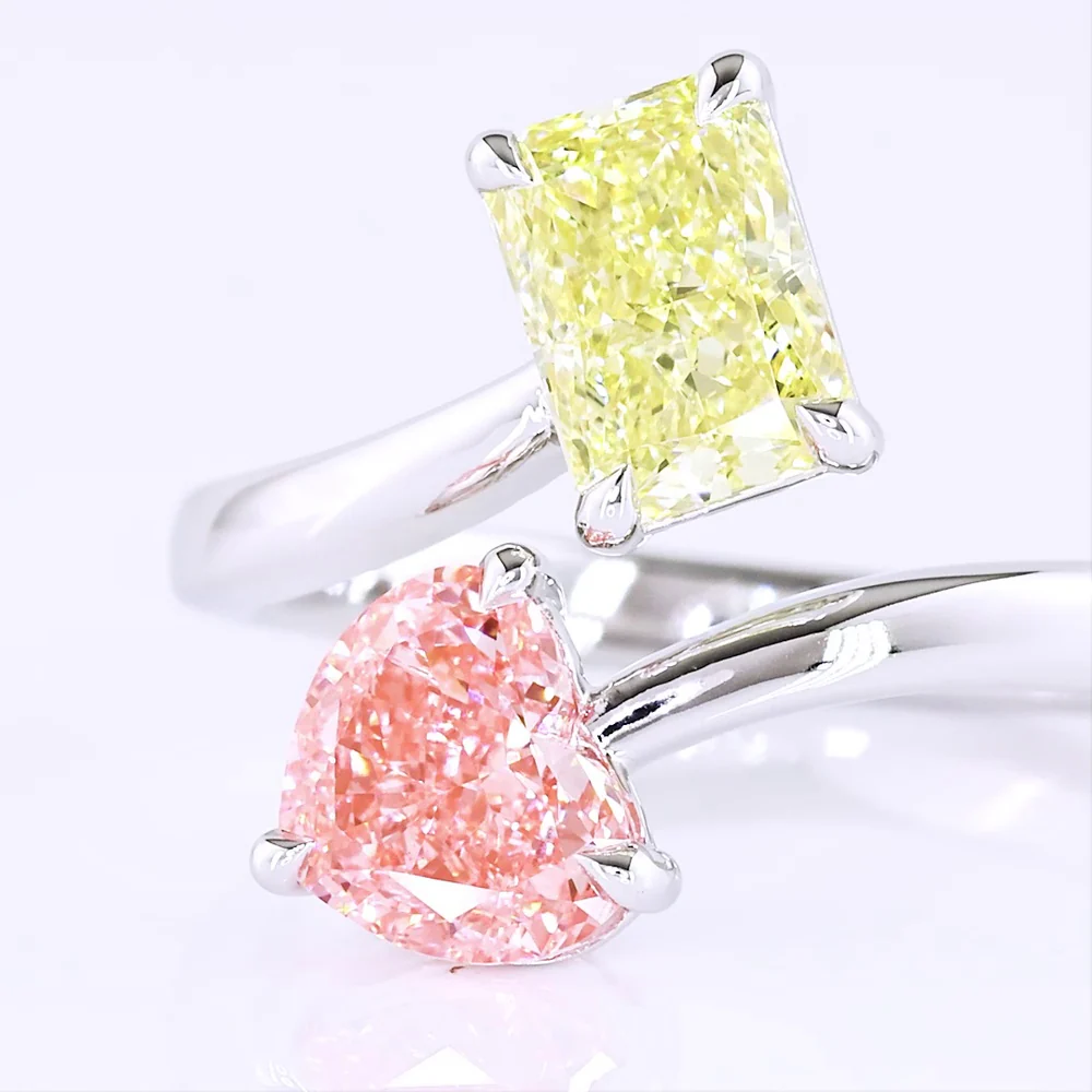 14K White Gold Toi et Moi Ring with 1.20 Carat Heart Shape Pink Lab Diamond and 1.18 Carat Radiant Cut Fancy Intense Yellow Lab Diamond - Total 2.38 Carats - Covaloro Fine Jewelry - Image 2