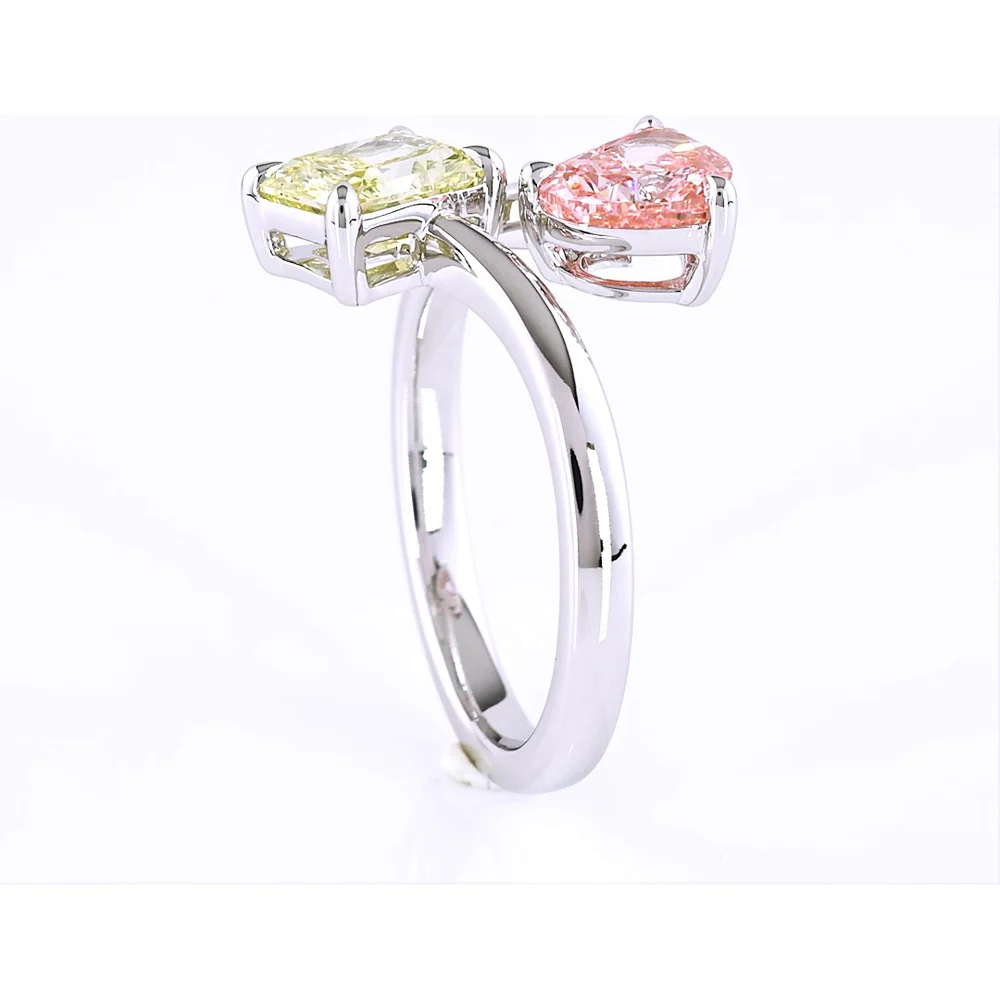 14K White Gold Toi et Moi Ring with 1.20 Carat Heart Shape Pink Lab Diamond and 1.18 Carat Radiant Cut Fancy Intense Yellow Lab Diamond - Total 2.38 Carats - Covaloro Fine Jewelry - Image 3