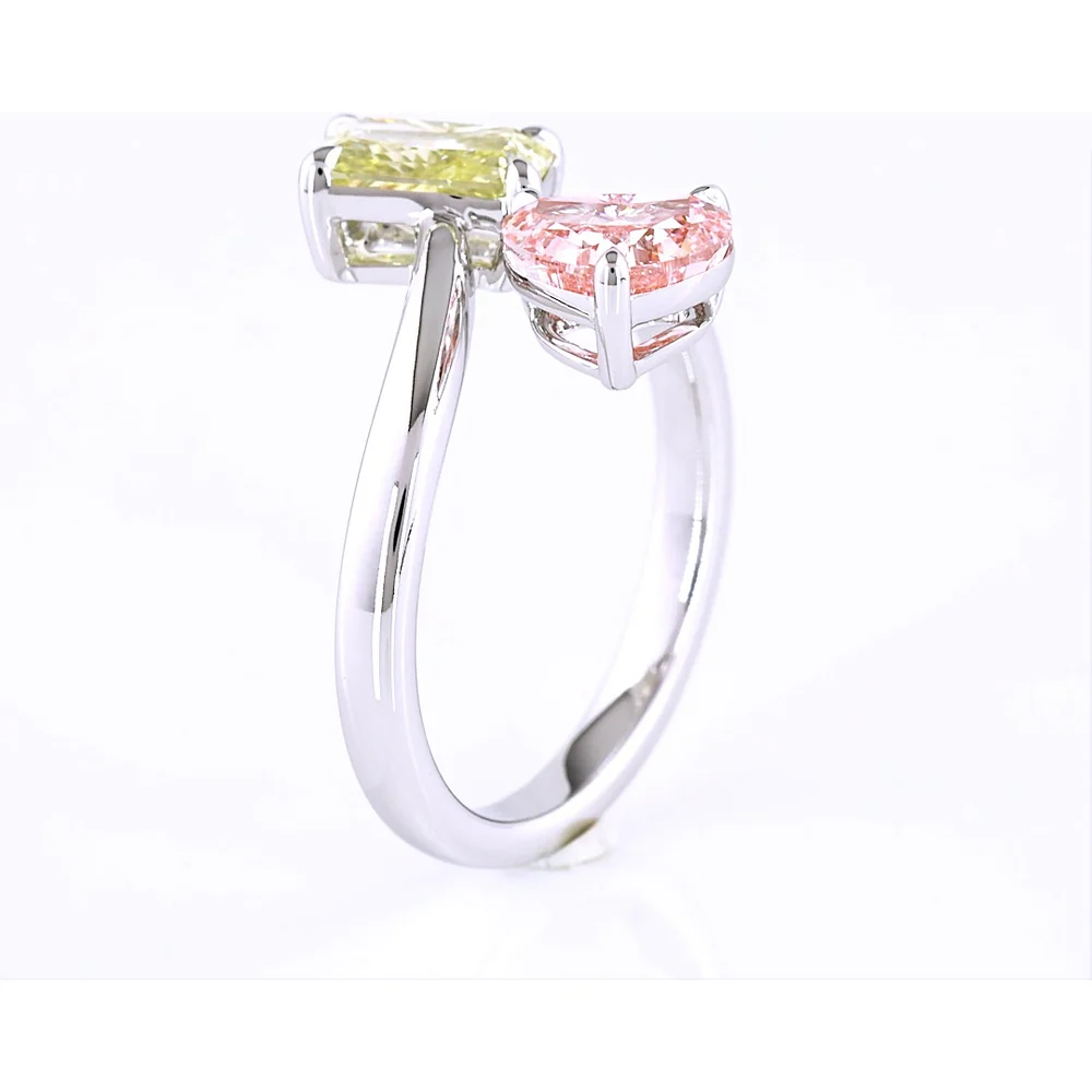 14K White Gold Toi et Moi Ring with 1.20 Carat Heart Shape Pink Lab Diamond and 1.18 Carat Radiant Cut Fancy Intense Yellow Lab Diamond - Total 2.38 Carats - Covaloro Fine Jewelry - Image 4