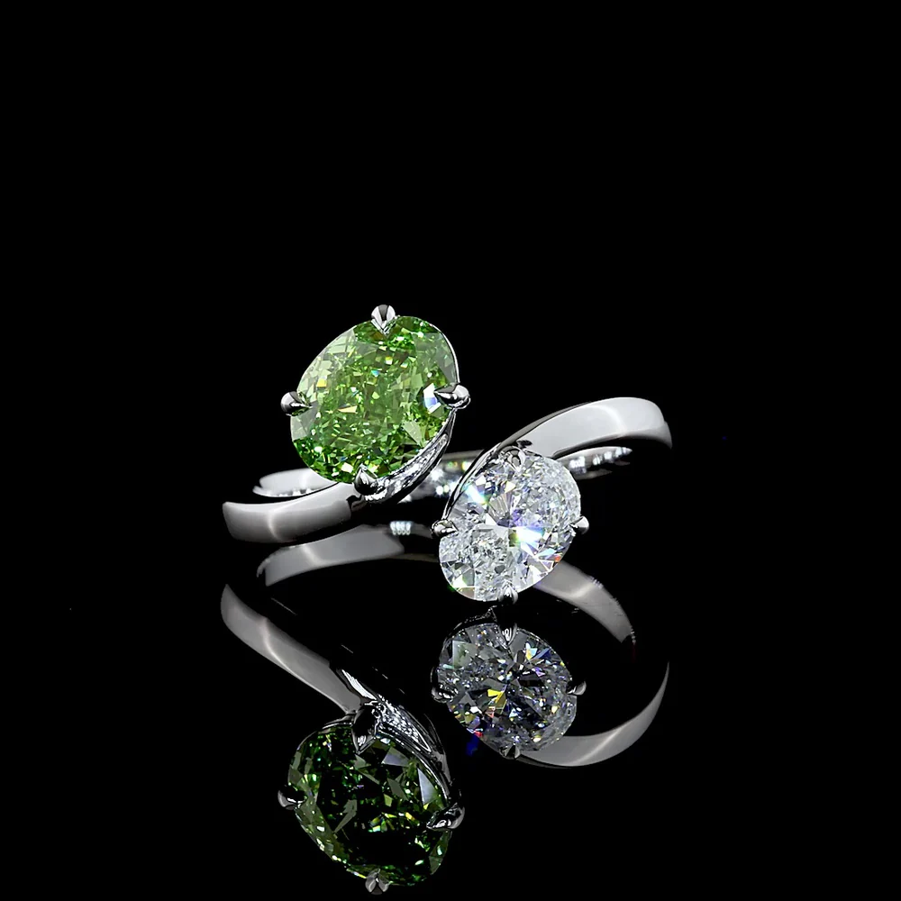 14K White Gold Toi et Moi Ring with 1.54 Carats Oval Bright Green Lab Diamond and 0.70 Carats Oval Colorless Lab Diamond - 2.24 Carats Total Diamond Weight - Covaloro Fine Jewelry