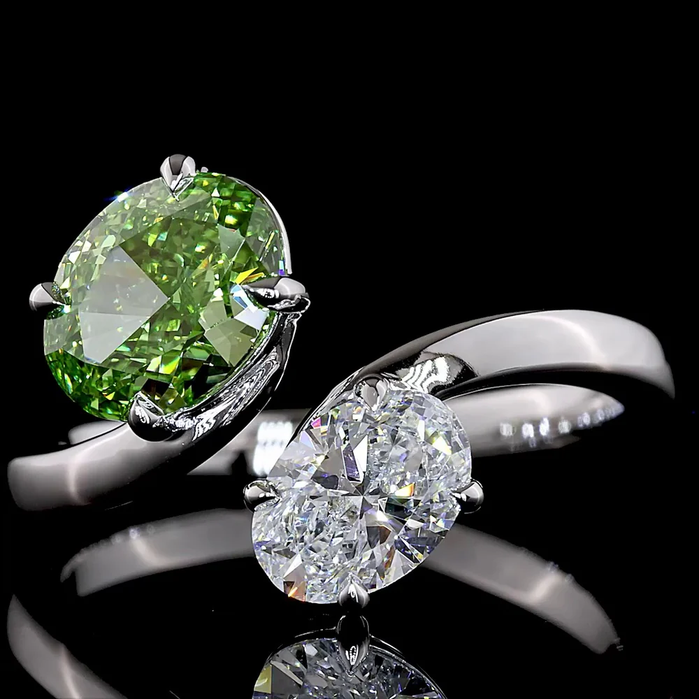 14K White Gold Toi et Moi Ring with 1.54 Carats Oval Bright Green Lab Diamond and 0.70 Carats Oval Colorless Lab Diamond - 2.24 Carats Total Diamond Weight - Covaloro Fine Jewelry - Image 2
