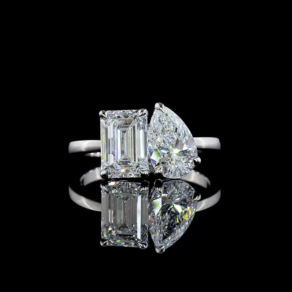 14K White Gold Toi et Moi Ring with 1.80 Carats Emerald Cut F VS1 Lab Diamond and 1.25 Carats Pear Shape E VVS2 Lab Diamond - 3.05 Carats Total Diamond Weight - Covaloro Fine Jewelry