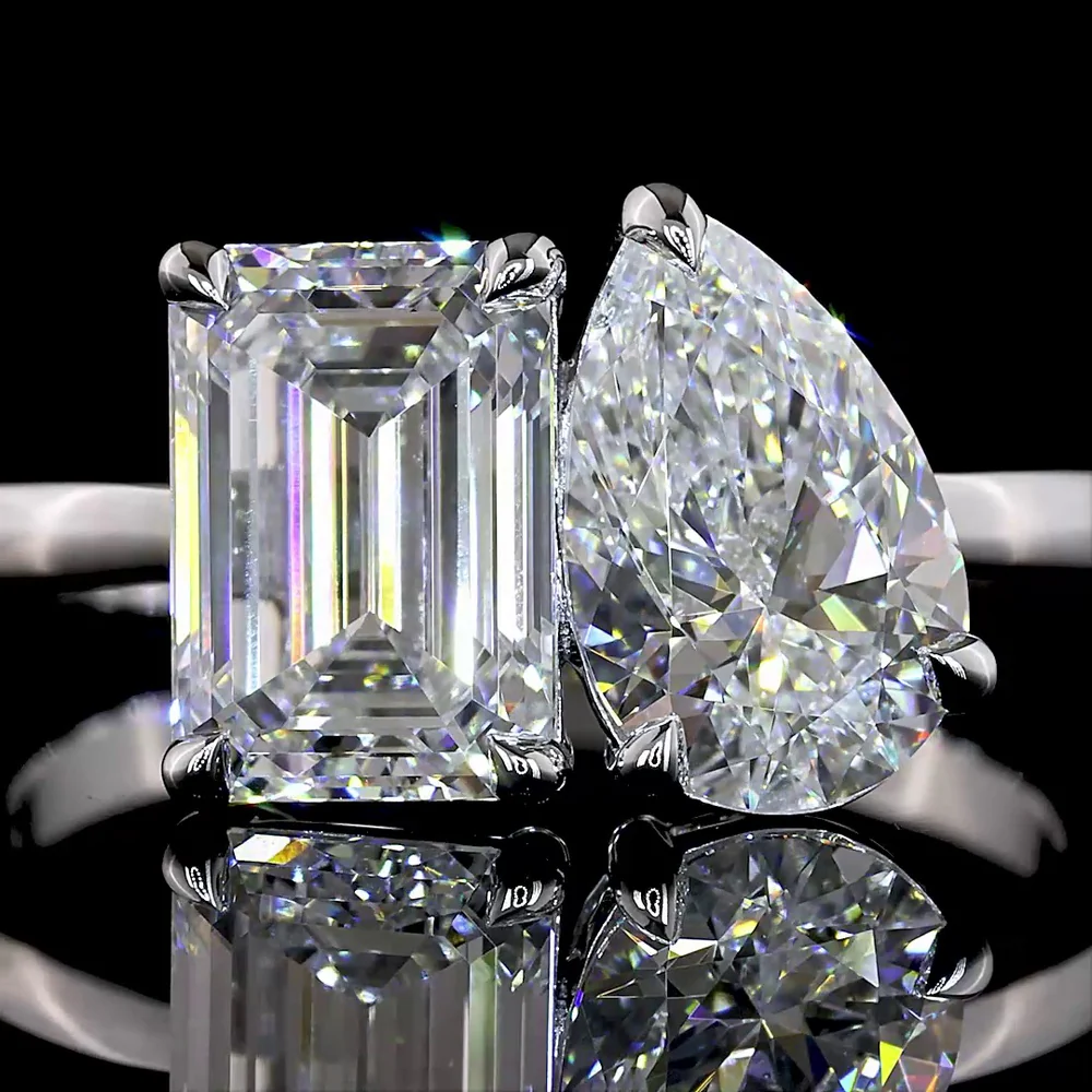14K White Gold Toi et Moi Ring with 1.80 Carats Emerald Cut F VS1 Lab Diamond and 1.25 Carats Pear Shape E VVS2 Lab Diamond - 3.05 Carats Total Diamond Weight - Covaloro Fine Jewelry - Image 2