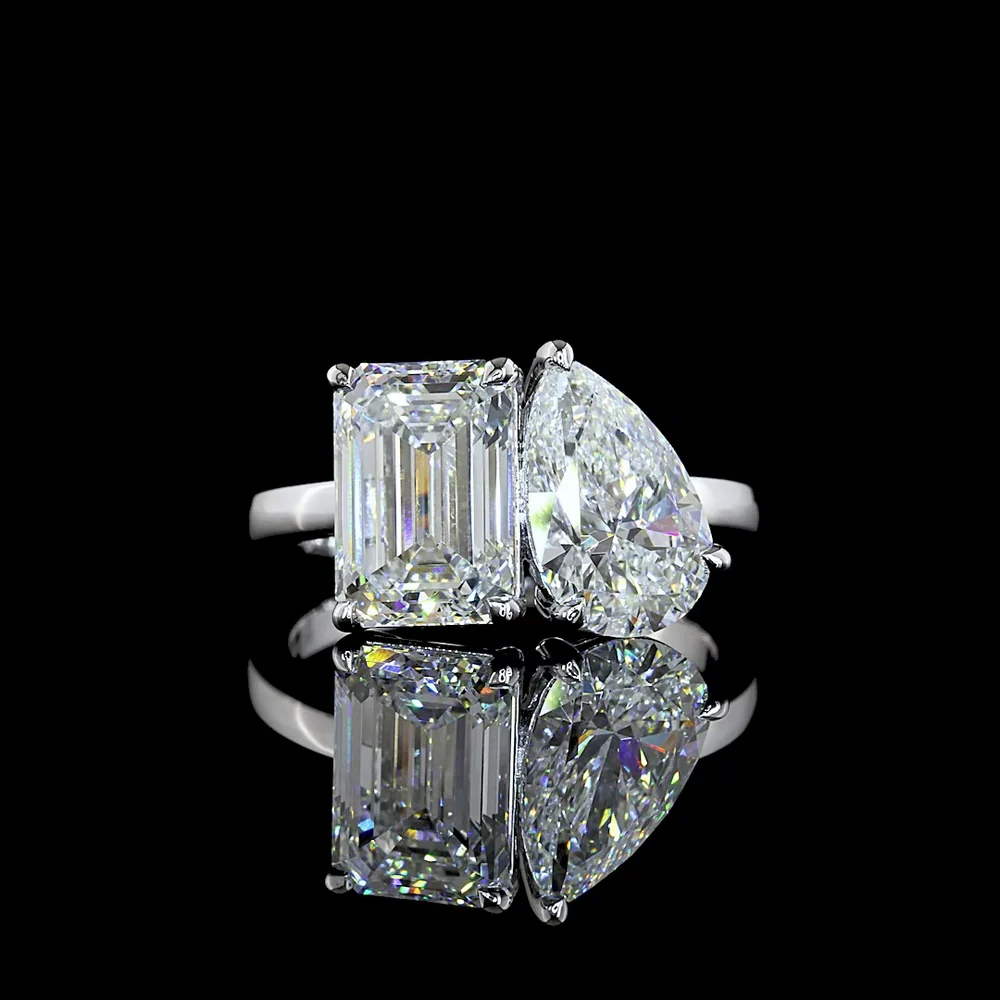 14K White Gold Toi et Moi Ring with 3.03 Carat Emerald Cut and 2.03 Carat Pear Shape Lab Diamonds - 5.06 Carat Total Diamond Weight - Covaloro Fine Jewelry