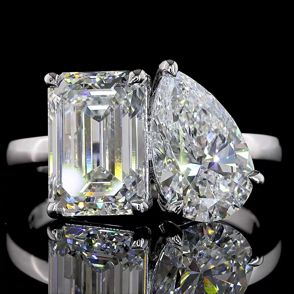 14K White Gold Toi et Moi Ring with 3.03 Carat Emerald Cut and 2.03 Carat Pear Shape Lab Diamonds - 5.06 Carat Total Diamond Weight - Covaloro Fine Jewelry - Image 2