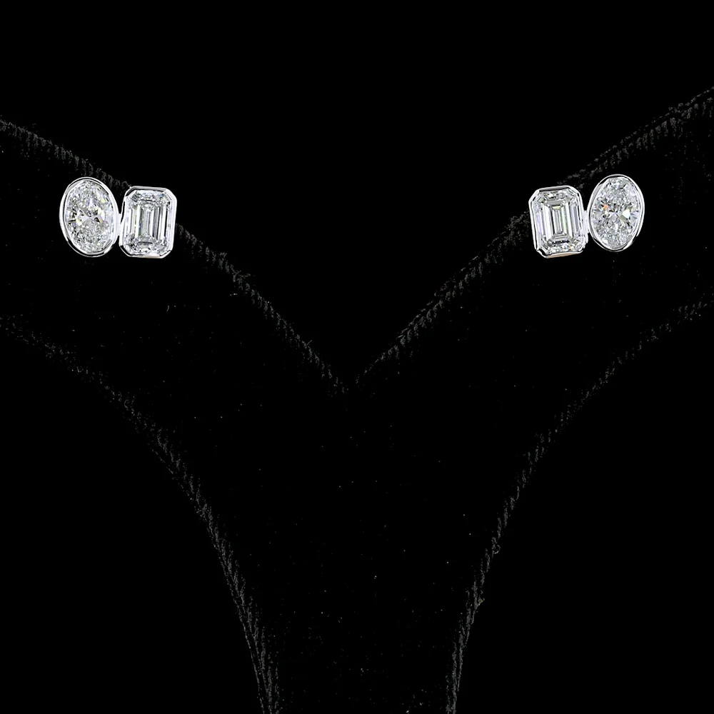 14K White Gold Toi et Moi Stud Earrings with Bezel Set Emerald Cut and Oval Cut Lab Diamonds - 2.05 Carat Total Diamond Weight - Covaloro Fine Jewelry - Image 2