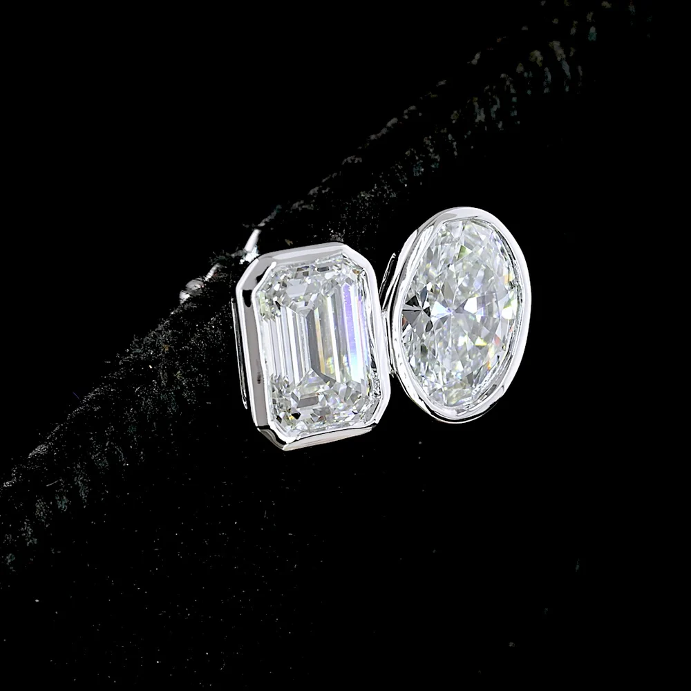 14K White Gold Toi et Moi Stud Earrings with Bezel Set Emerald Cut and Oval Cut Lab Diamonds - 2.05 Carat Total Diamond Weight - Covaloro Fine Jewelry - Image 3
