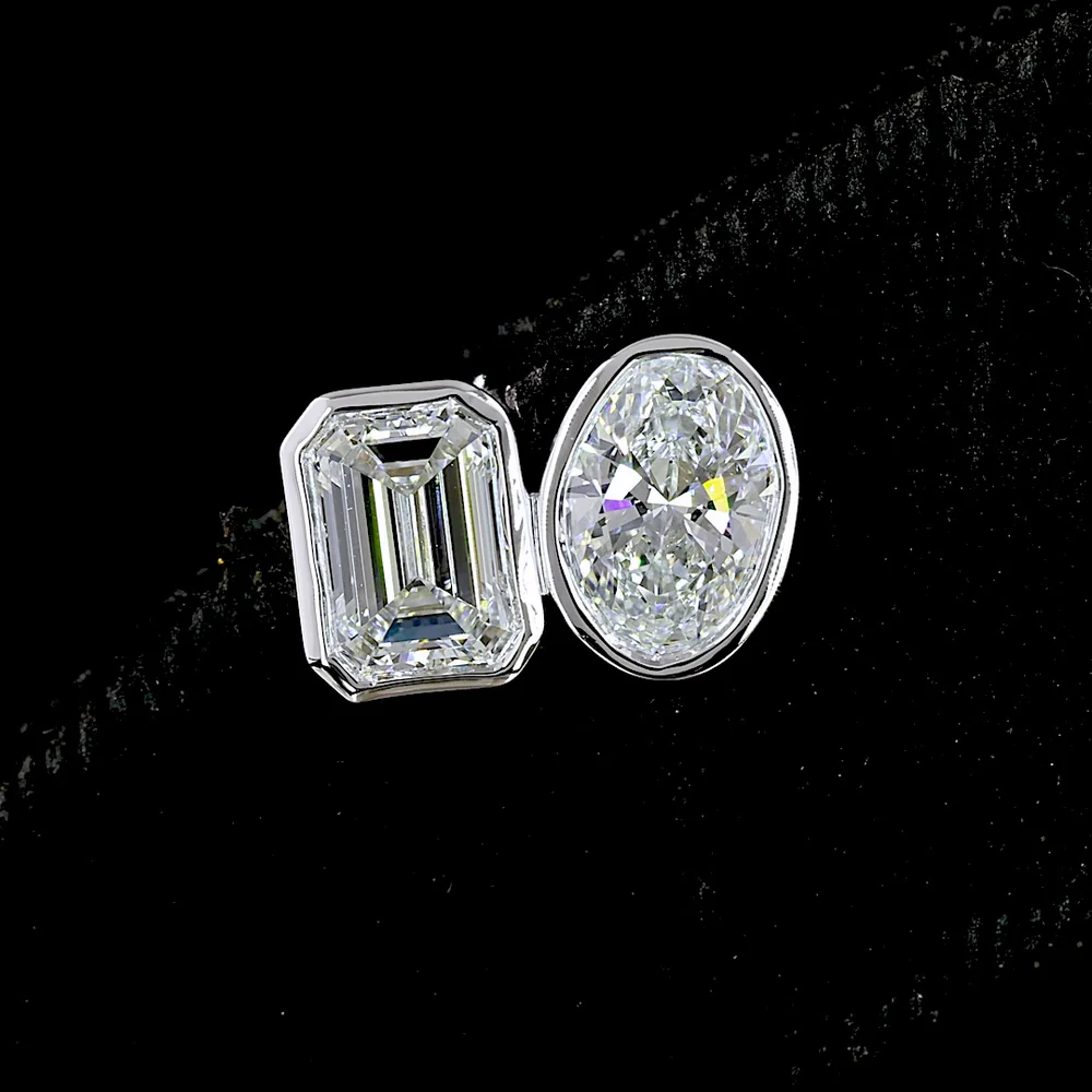 14K White Gold Toi et Moi Stud Earrings with Bezel Set Emerald Cut and Oval Cut Lab Diamonds - 2.05 Carat Total Diamond Weight - Covaloro Fine Jewelry - Image 4