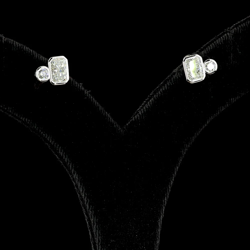 14K White Gold Toi et Moi Stud Earrings with Bezel Set Radiant and Brilliant Cut Lab Diamonds - 1.45 Carat Total Diamond Weight - Covaloro Fine Jewelry