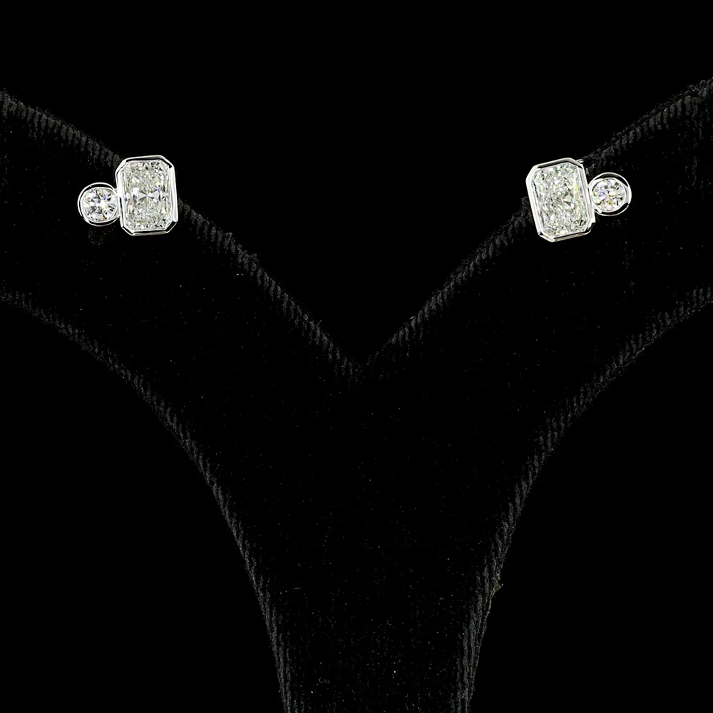 14K White Gold Toi et Moi Stud Earrings with Bezel Set Radiant and Brilliant Cut Lab Diamonds - 1.45 Carat Total Diamond Weight - Covaloro Fine Jewelry - Image 2