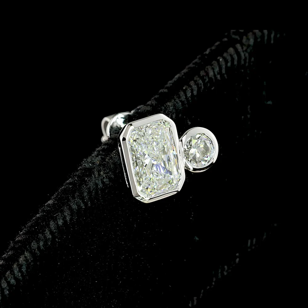 14K White Gold Toi et Moi Stud Earrings with Bezel Set Radiant and Brilliant Cut Lab Diamonds - 1.45 Carat Total Diamond Weight - Covaloro Fine Jewelry - Image 3