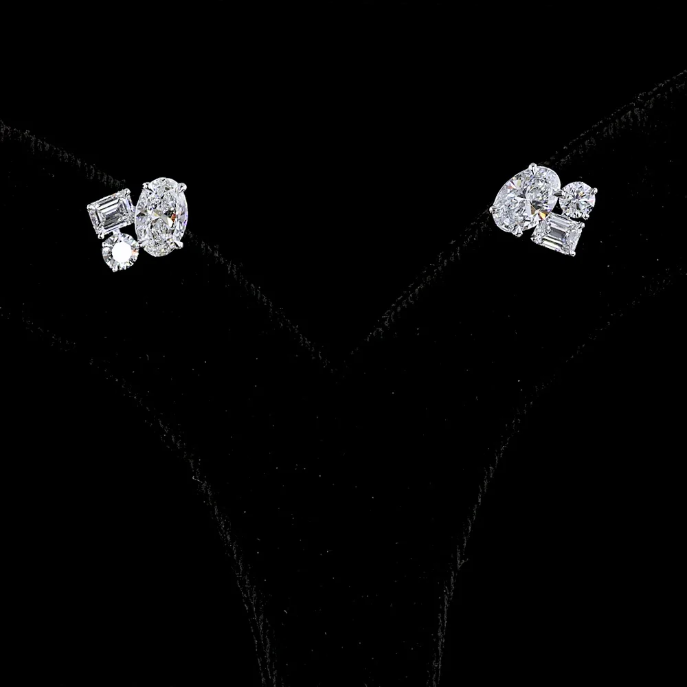 14K White Gold Toi et Moi Stud Earrings with Oval and Emerald Cut Lab Diamonds - 2.30 Total Carat Weight - Covaloro Fine Jewelry - Image 2