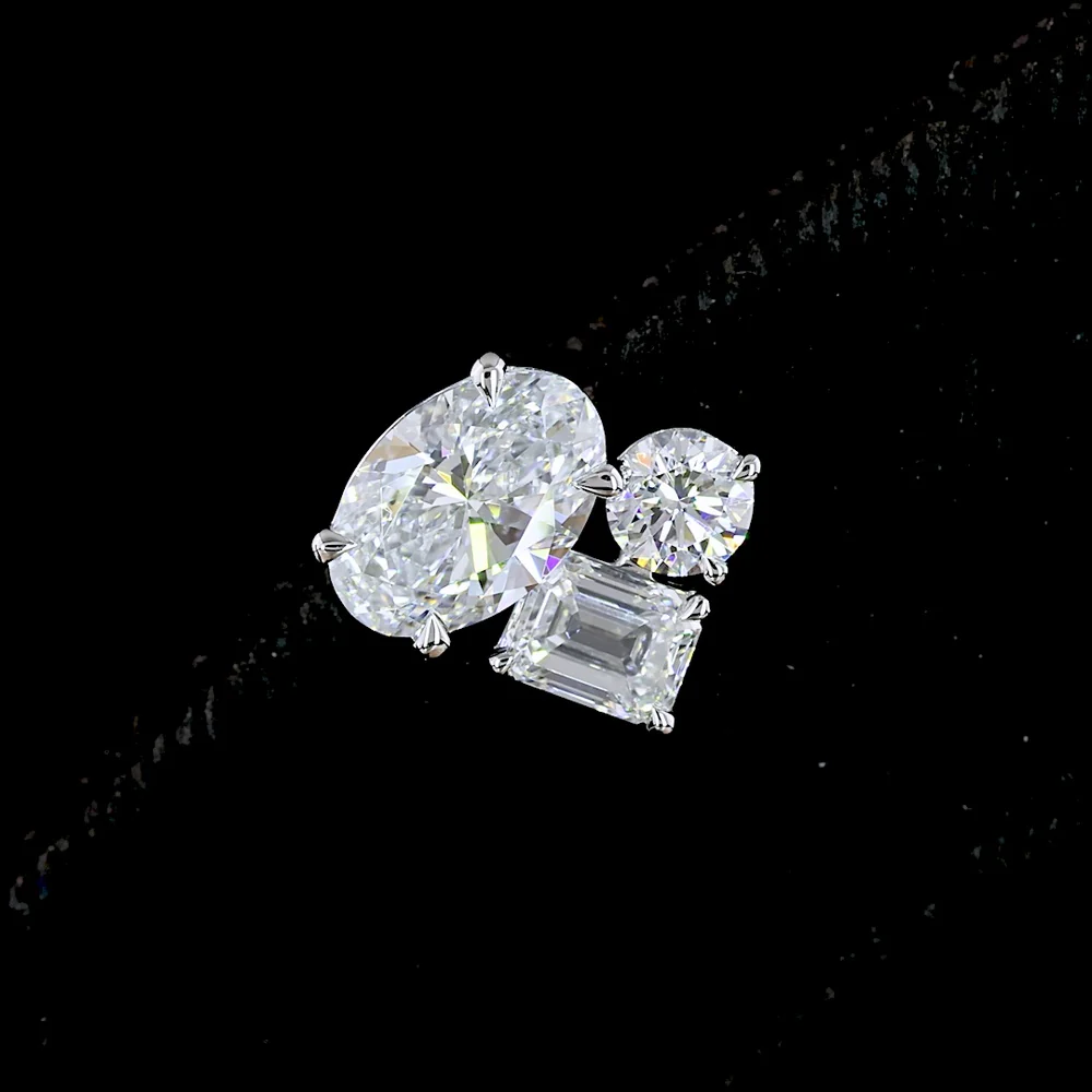 14K White Gold Toi et Moi Stud Earrings with Oval and Emerald Cut Lab Diamonds - 2.30 Total Carat Weight - Covaloro Fine Jewelry - Image 3