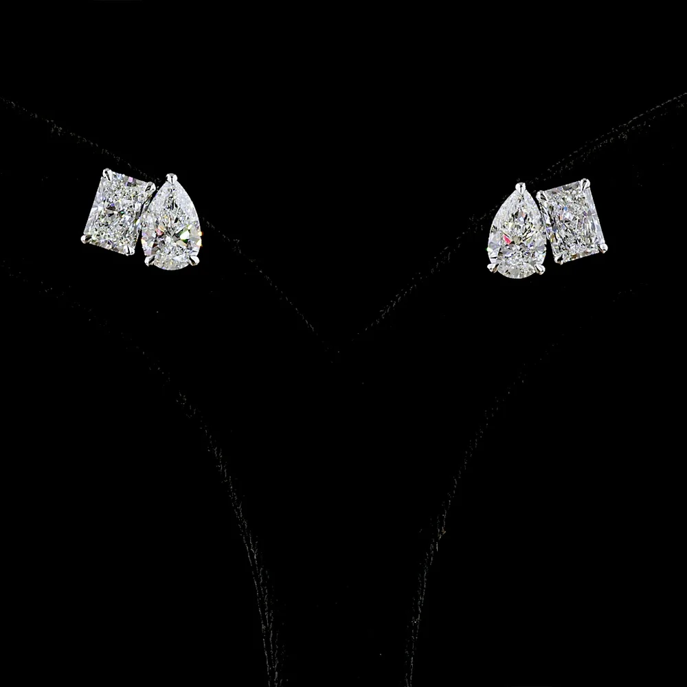 14K White Gold Toi et Moi Stud Earrings with Pear and Radiant Cut Lab Diamonds - 6.07 Total Carat Weight, E Color, VS1-VVS2 Clarity - Covaloro Fine Jewelry