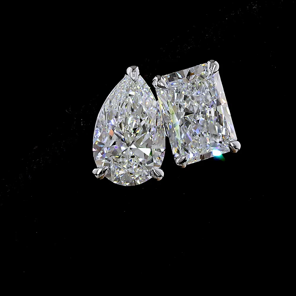 14K White Gold Toi et Moi Stud Earrings with Pear and Radiant Cut Lab Diamonds - 6.07 Total Carat Weight, E Color, VS1-VVS2 Clarity - Covaloro Fine Jewelry - Image 2