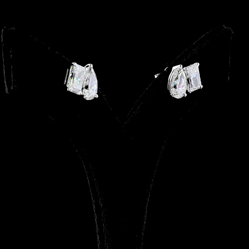 14K White Gold Toi et Moi Stud Earrings with Pear and Radiant Cut Lab Diamonds - 6.07 Total Carat Weight, E Color, VS1-VVS2 Clarity - Covaloro Fine Jewelry - Image 3