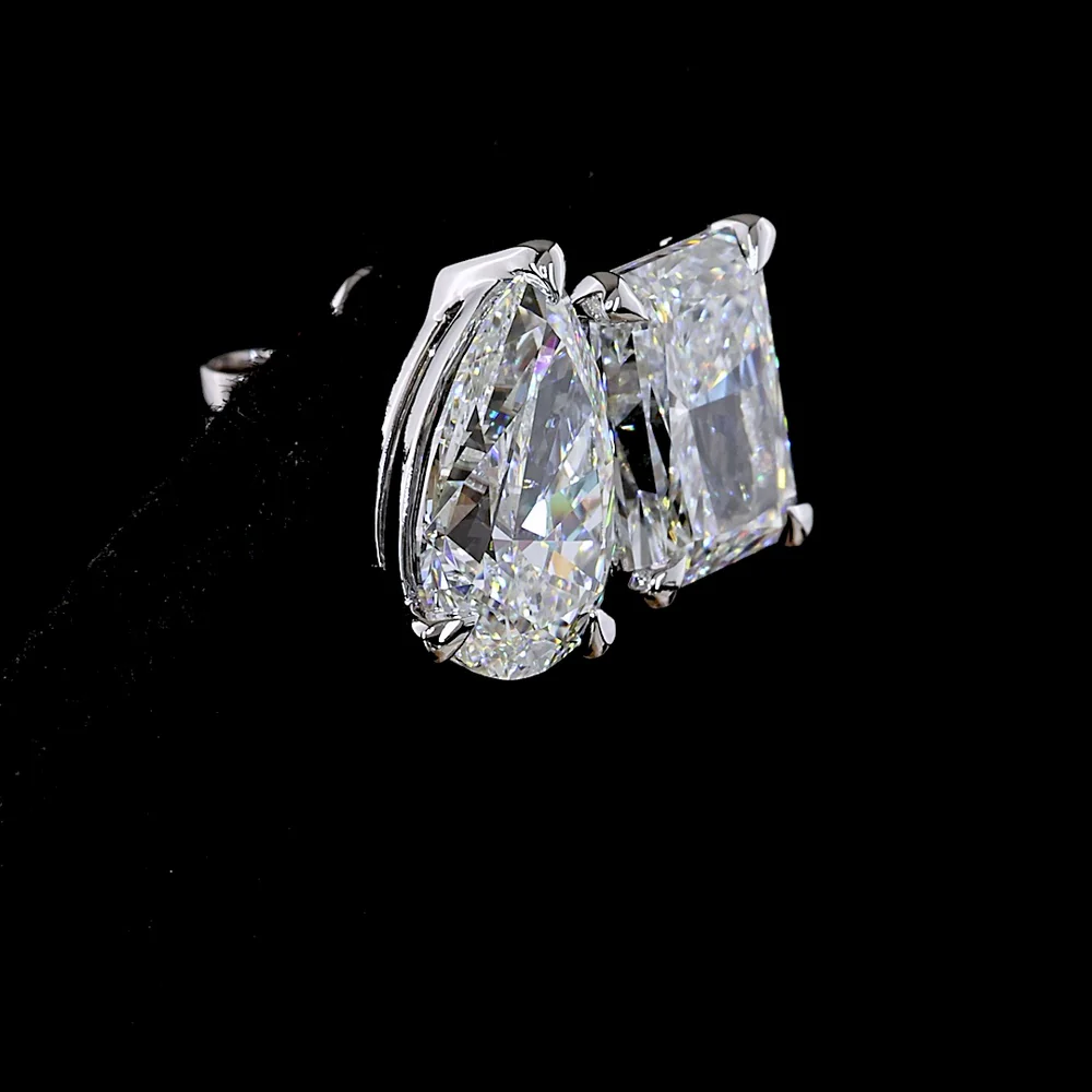 14K White Gold Toi et Moi Stud Earrings with Pear and Radiant Cut Lab Diamonds - 6.07 Total Carat Weight, E Color, VS1-VVS2 Clarity - Covaloro Fine Jewelry - Image 4