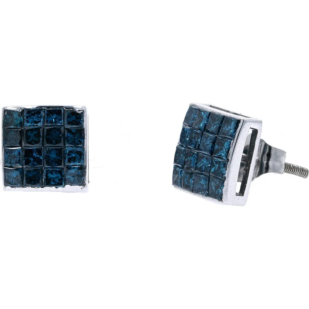 14K White Gold Treated Blue Diamond Square Stud Earrings - 1.00 Carat Total Diamond Weight - Image 2