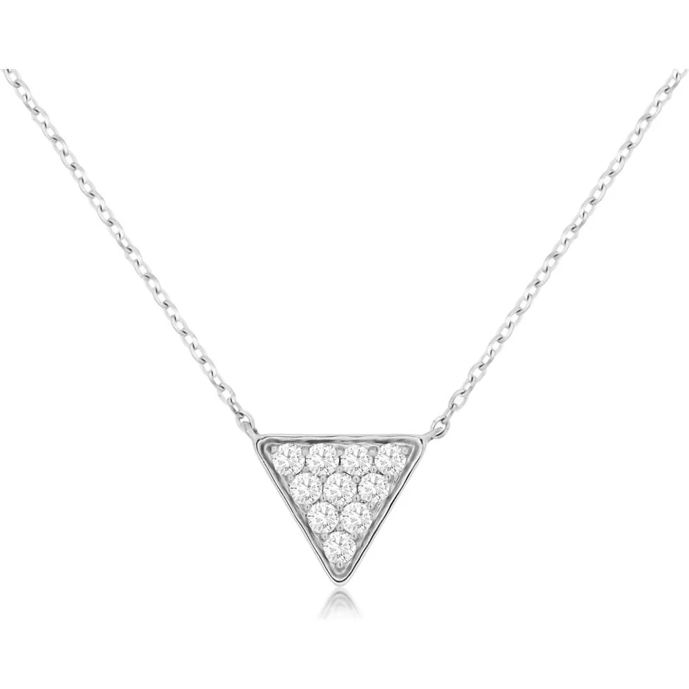 14K White Gold Triangle Pendant Necklace with Round Diamonds - 0.20 Carats Total Diamond Weight - Royal Jewelry