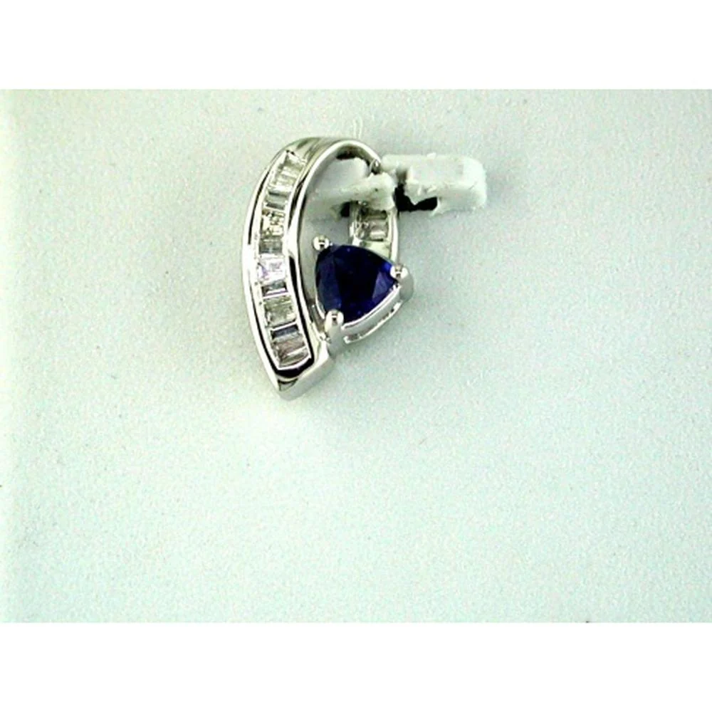 14K White Gold Trillion Cut Sapphire and Baguette Diamond Curve Pendant - 0.30 Carat Sapphire, 0.20 Carat Diamond Total Weight - Royal Jewelry