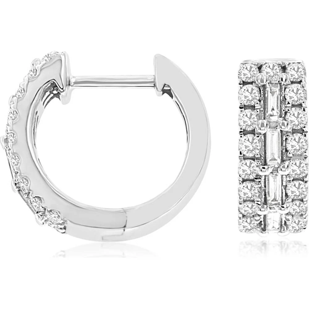 14K White Gold Triple Row Huggie Hoop Earrings with Baguette and Round Brilliant Cut Diamonds - 0.50 Carat Total Diamond Weight - Royal Jewelry