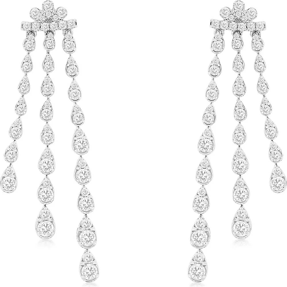 14K White Gold Triple-Strand Diamond Drop Earrings with Pear and Round Cut Stones - 2.00 Carat Total Weight - Royal Jewelry