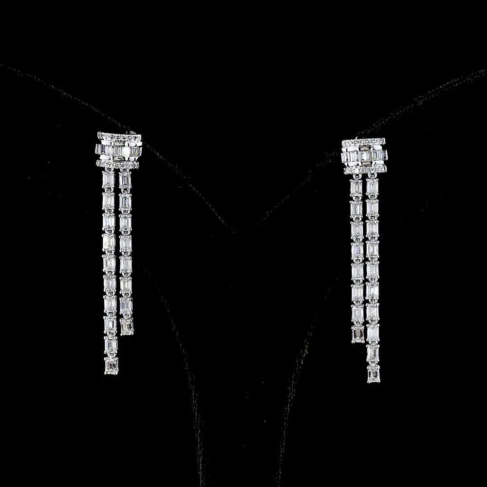 14K White Gold Triple-Strand Hanging Earrings with Emerald Cut Lab Diamonds - 2.84 Carats Total Diamond Weight - Covaloro Fine Jewelry