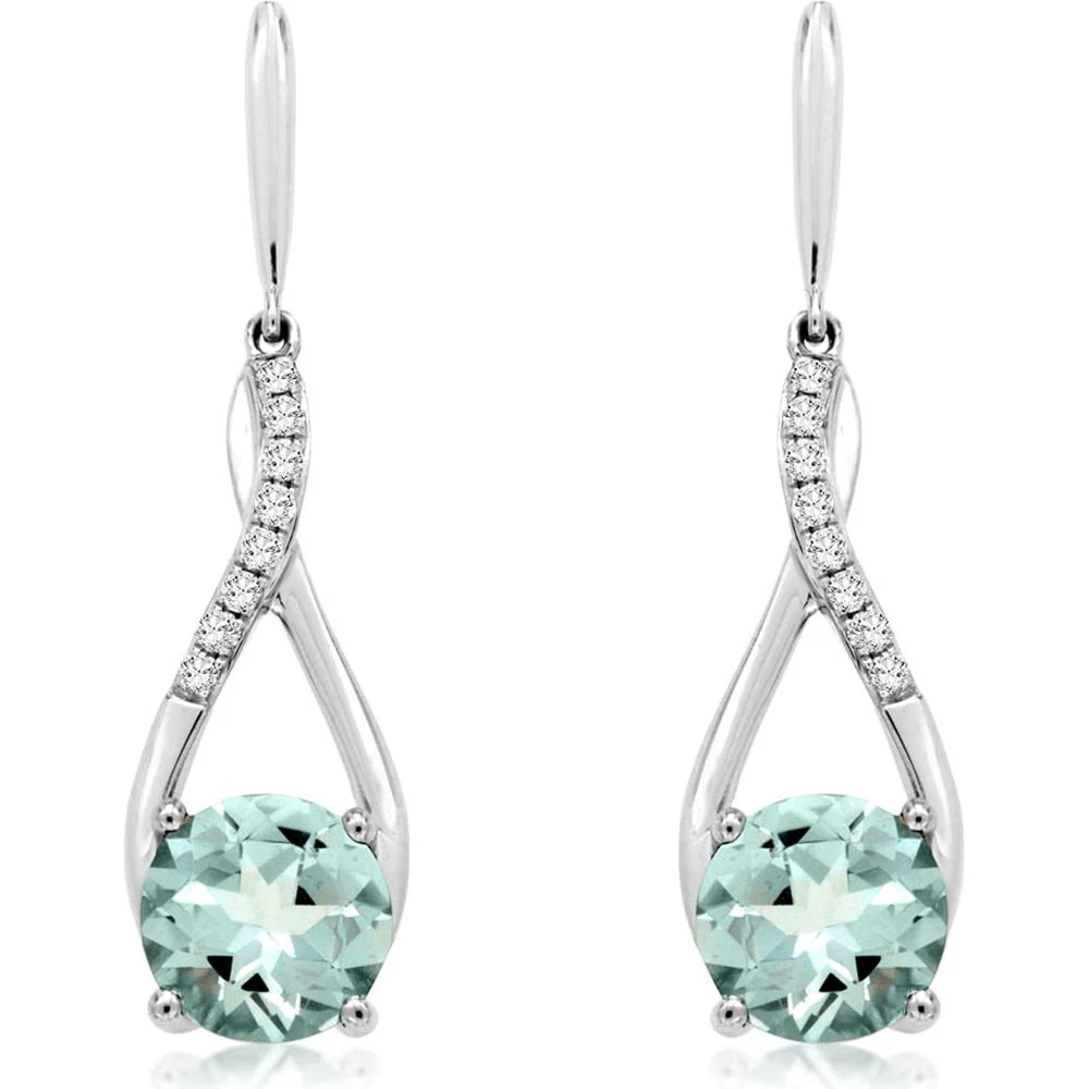 14K White Gold Twist Drop Earrings with Round Aquamarine and Pavé Diamond Accents - 2.30 Carat Total Aquamarine Weight - Royal Jewelry