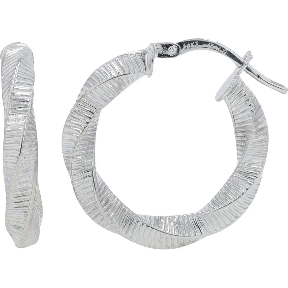 14K White Gold Twisted Hoop Earrings - Lightweight Textured Design - 1.89 Grams Total
