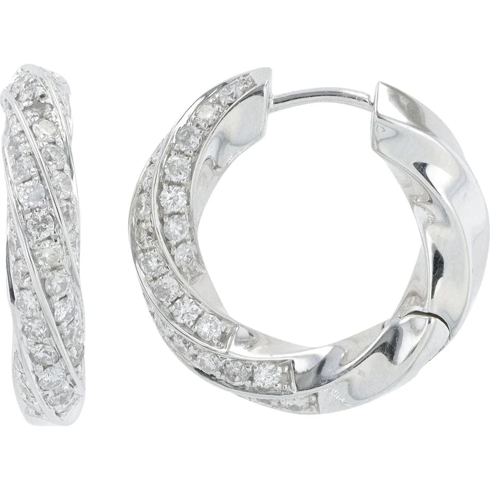 14K White Gold Twisted Hoop Earrings with Round Diamonds - 1.50 Carat Total Diamond Weight