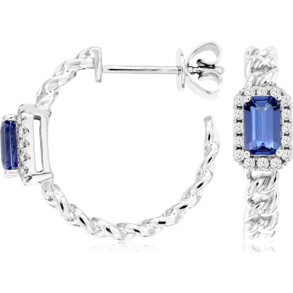 14K White Gold Twisted Hoop Earrings with Tanzanite & Diamond Halo - 0.64 Carats Total Gem Weight - Royal Jewelry
