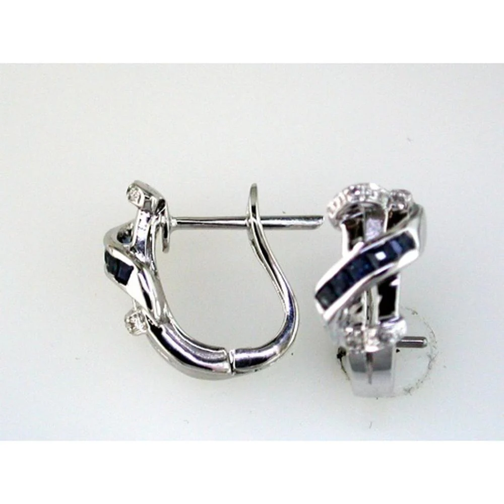 14K White Gold Twisted Ribbon Earrings with Princess-Cut Sapphires and Round Diamonds - 0.30 Carat Total Sapphire Weight, 0.03 Carat Total Diamond Weight - Royal Jewelry