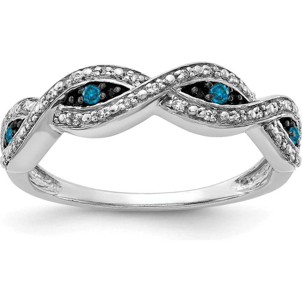 14K White Gold Twisted Ring with Round White and Blue Diamonds - 0.10 Carat Total Diamond Weight - Size 7 by Monteluci Fine Jewelry