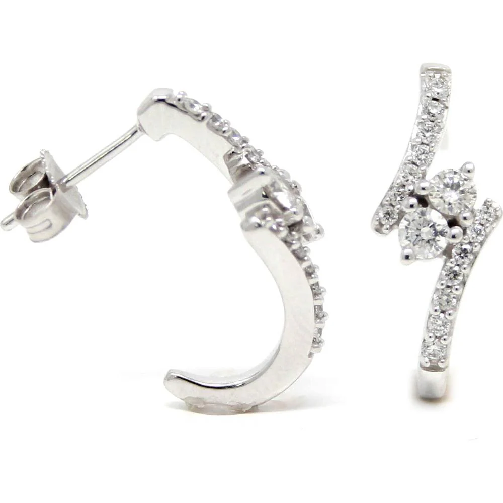 14K White Gold Two Stone Bypass J - Hoop Earrings with .49 Carat Total Diamond Weight - Image 2