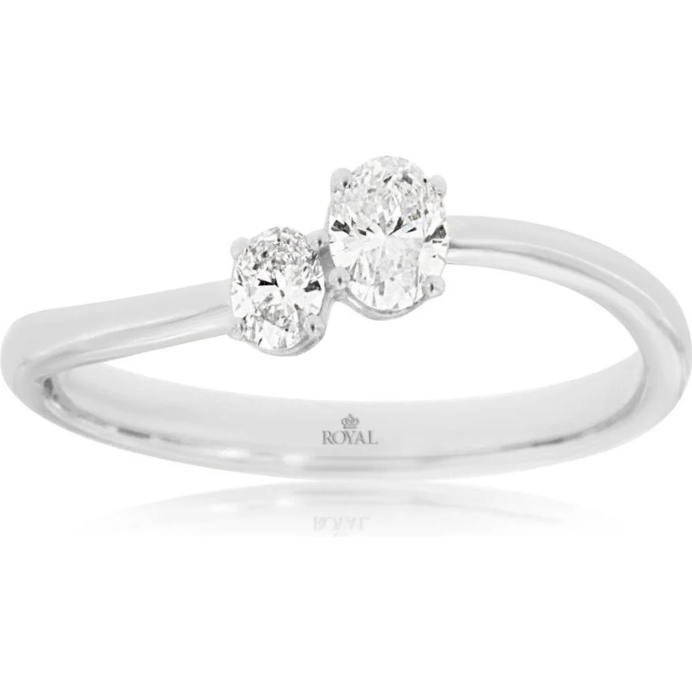 14K White Gold Two-Stone Bypass Ring with Oval Cut Diamonds - 0.32 Carat Total Diamond Weight - Royal Jewelry
