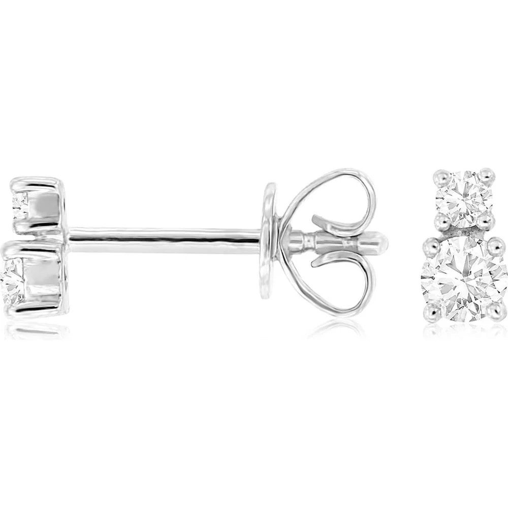 14K White Gold Two-Stone Diamond Stud Earrings with Round Cut Prong Set Diamonds - 0.21 Carat Total Weight - Royal Jewelry
