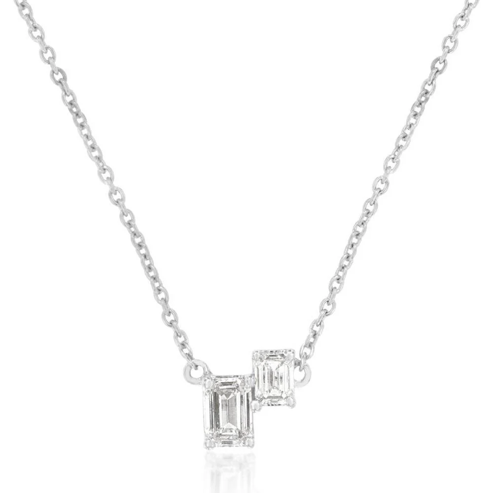 14K White Gold Two-Stone Emerald Cut Diamond Necklace - 0.30 Carat Total Diamond Weight - Royal Jewelry