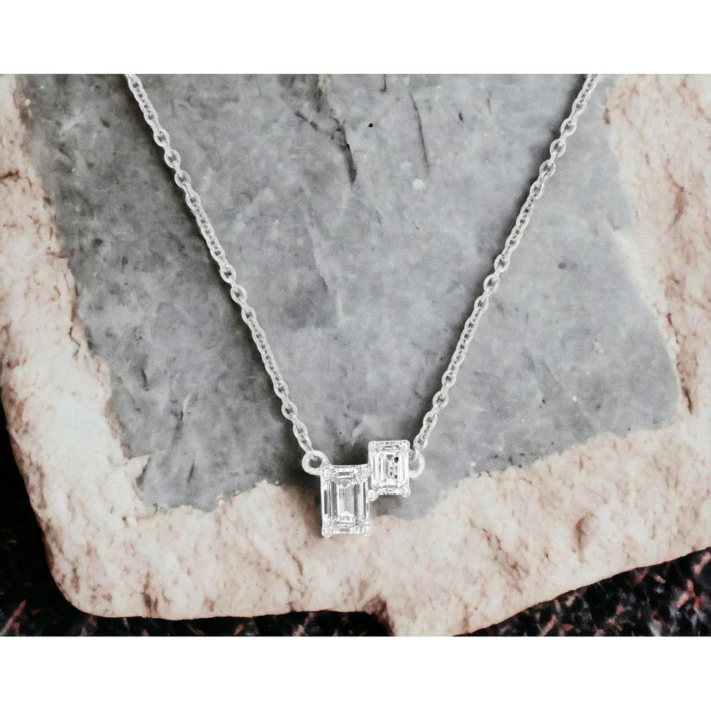 14K White Gold Two-Stone Emerald Cut Diamond Necklace - 0.30 Carat Total Diamond Weight - Royal Jewelry - Image 2