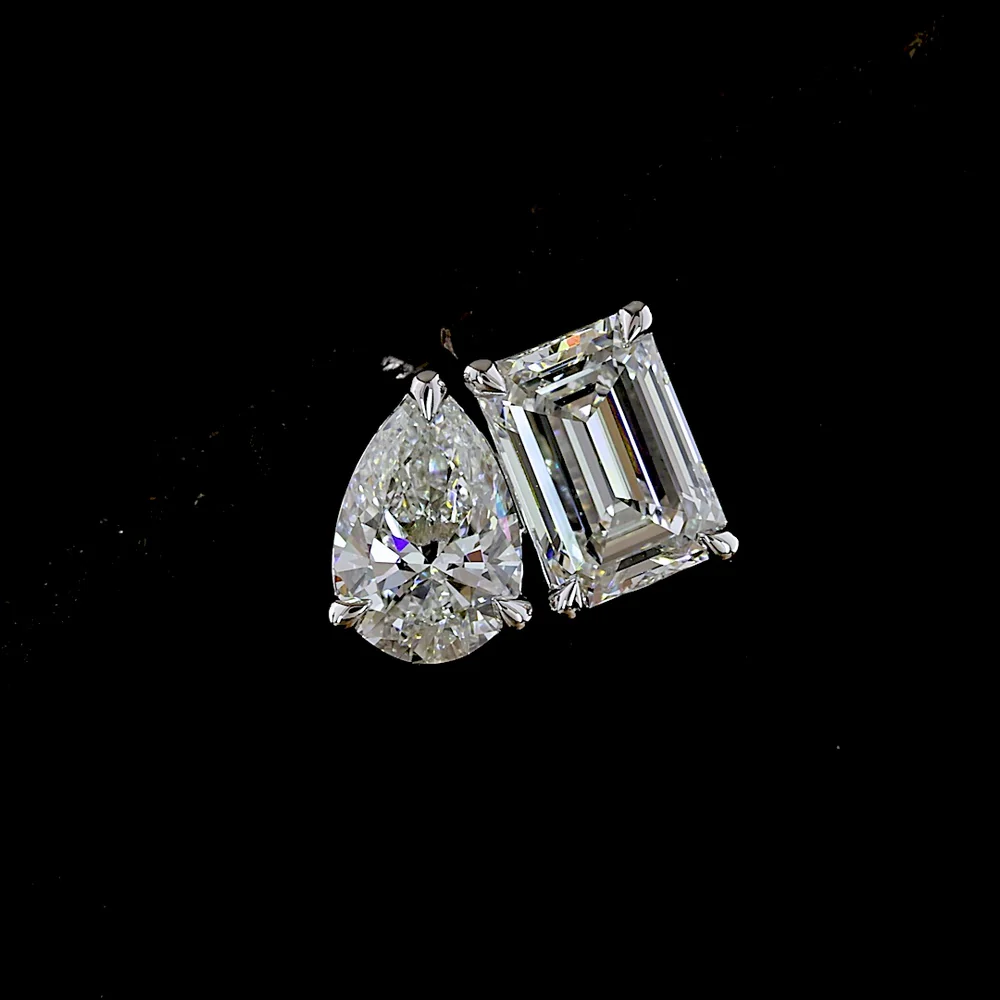 14K White Gold Two Stone Stud Earrings with Emerald Cut and Pear Shape Lab Diamonds - 1.79 Carats Total Diamond Weight - Covaloro Fine Jewelry - Image 2