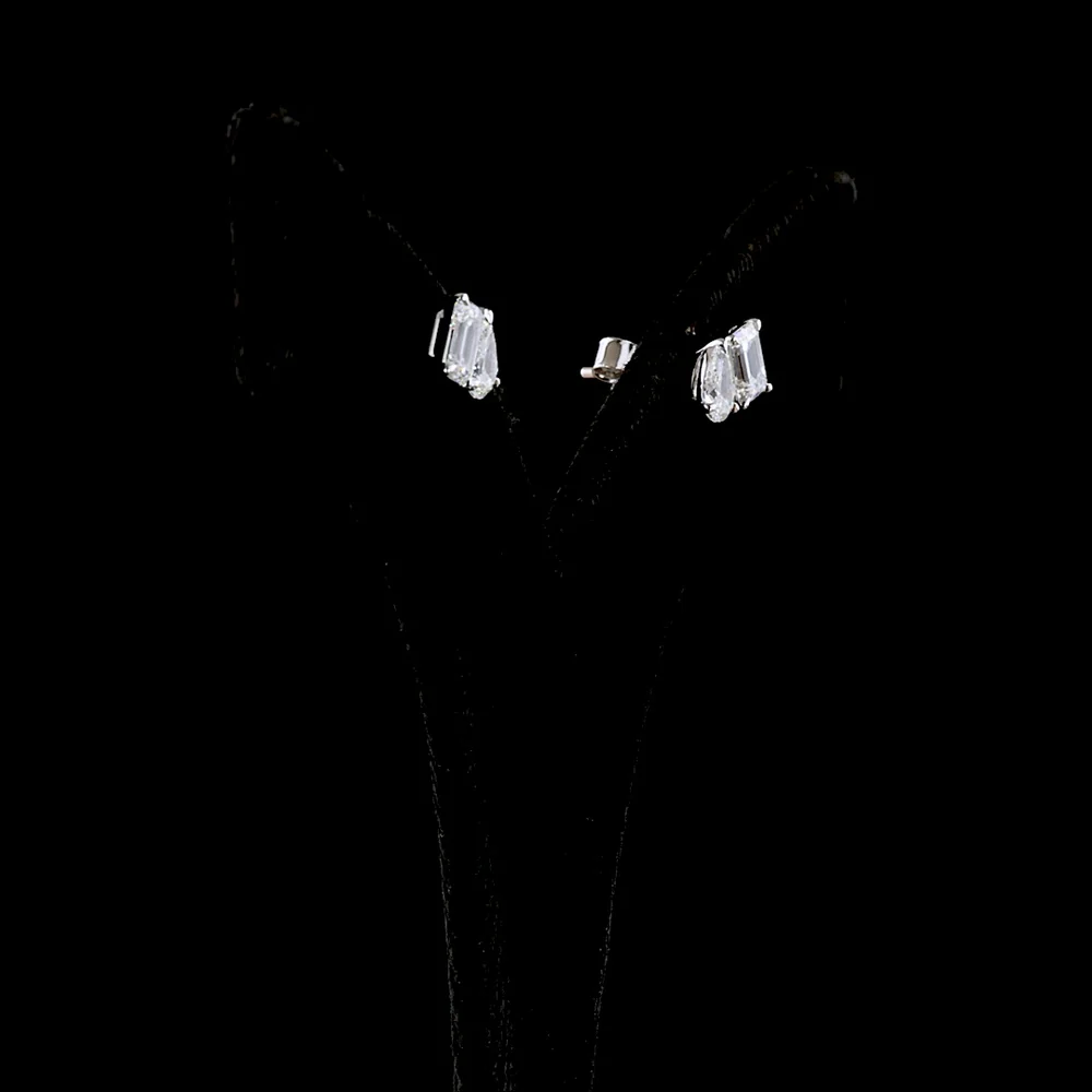 14K White Gold Two Stone Stud Earrings with Emerald Cut and Pear Shape Lab Diamonds - 1.79 Carats Total Diamond Weight - Covaloro Fine Jewelry - Image 3