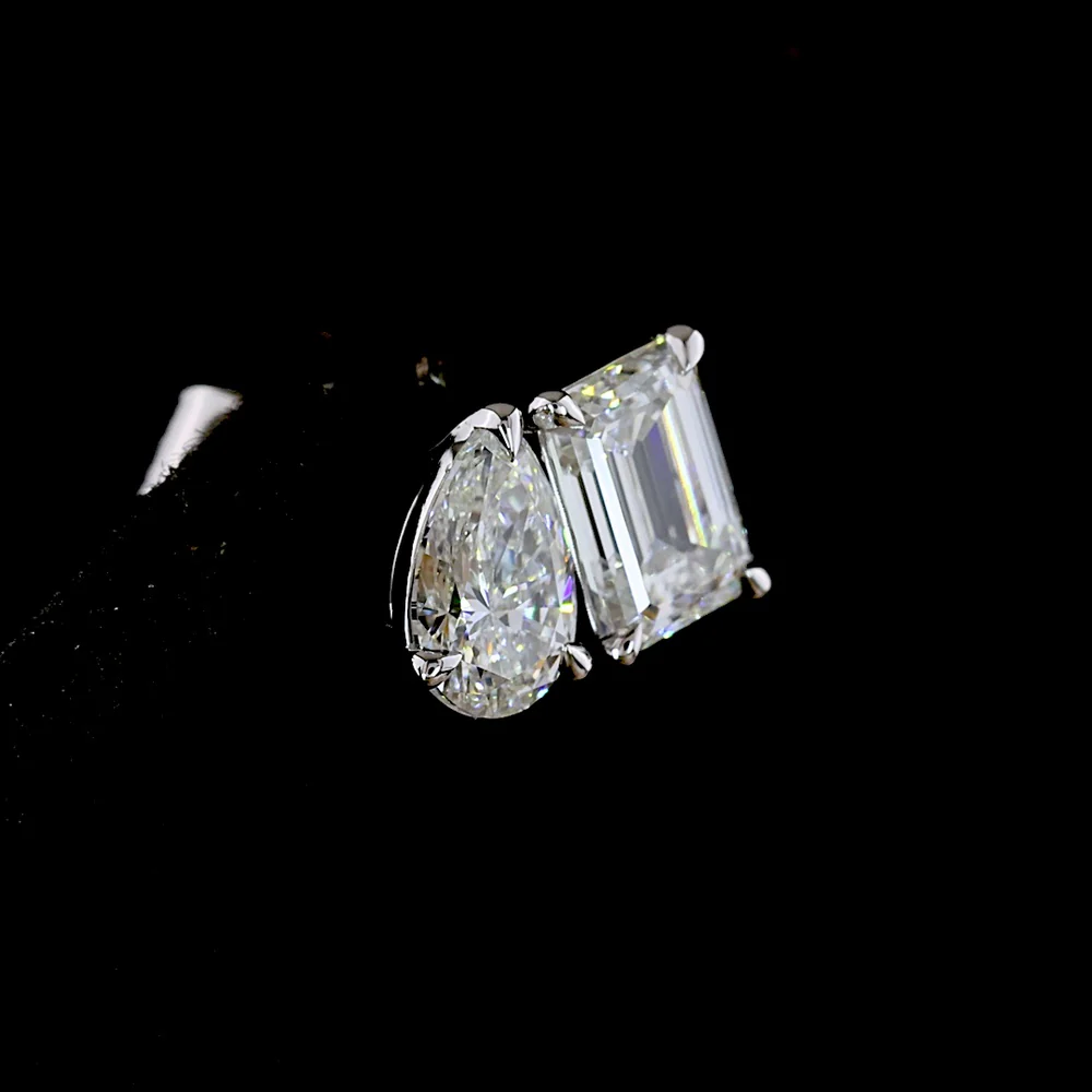 14K White Gold Two Stone Stud Earrings with Emerald Cut and Pear Shape Lab Diamonds - 1.79 Carats Total Diamond Weight - Covaloro Fine Jewelry - Image 4