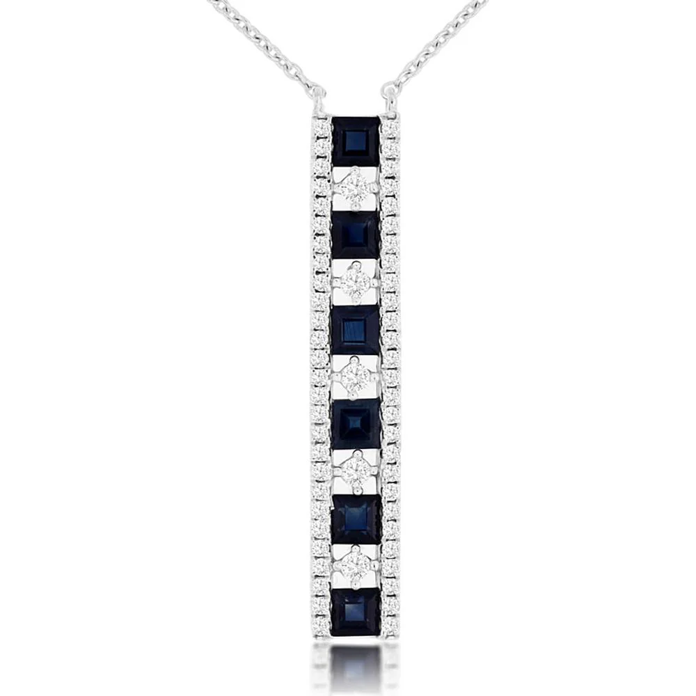 14K White Gold Vertical Bar Necklace with Princess Cut Blue Sapphires (1.25ct) and Round Diamonds (0.40ct) - Royal Jewelry