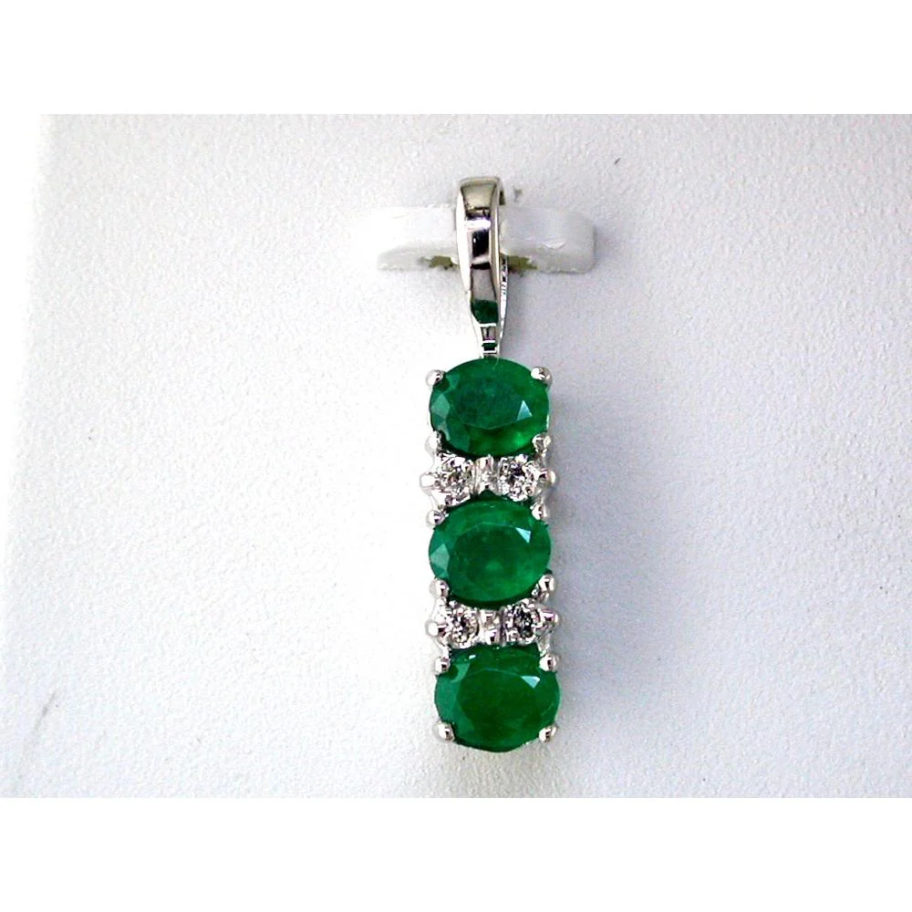 14K White Gold Vertical Three-Stone Pendant with Oval Emeralds and Round Diamond Accents - 1.00 Carat Total Emerald Weight, 0.06 Carat Total Diamond Weight - Royal Jewelry